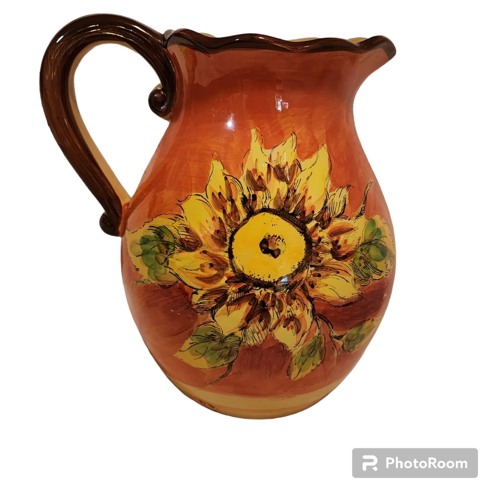 Pitcher Sunflower on one side Rooster on the other. Ceramic